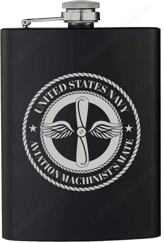 8 oz. Black Hip Flask with Aviation Machinst's Mate (AD) Rating