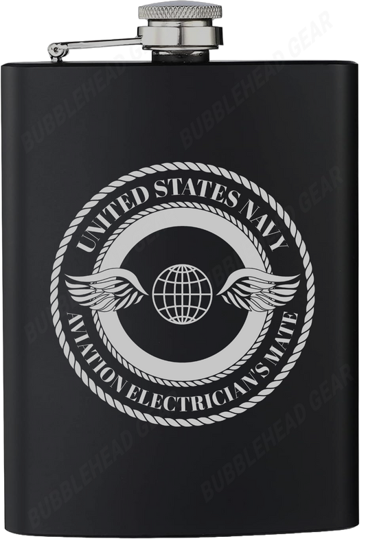 8 oz. Black Hip Flask with Aviation Electrician's Mate (AE) Rating
