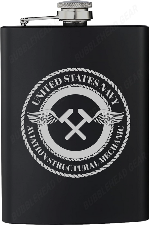 8 oz. Black Hip Flask with Aviation Structural Mechanic (AM) Rating