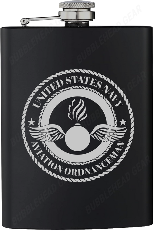 8 oz. Black Hip Flask with Aviation Ordnanceman (AO) Rating