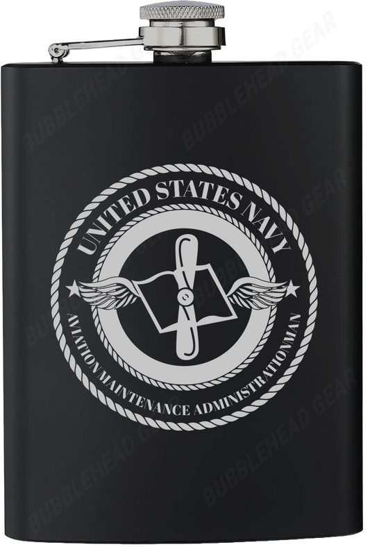 8 oz. Black Hip Flask with Aviation Maintenance Administrationman (AZ) Rating