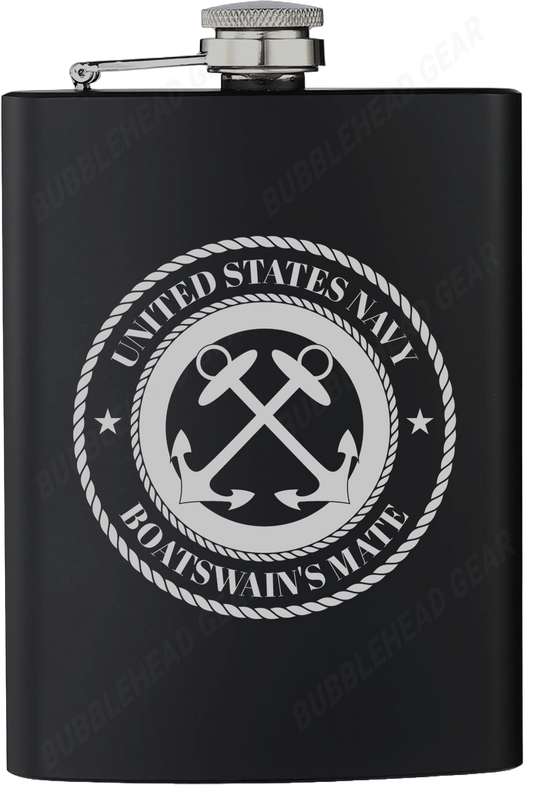 8 oz. Black Hip Flask with Boatswain's Mate (BM) Rating