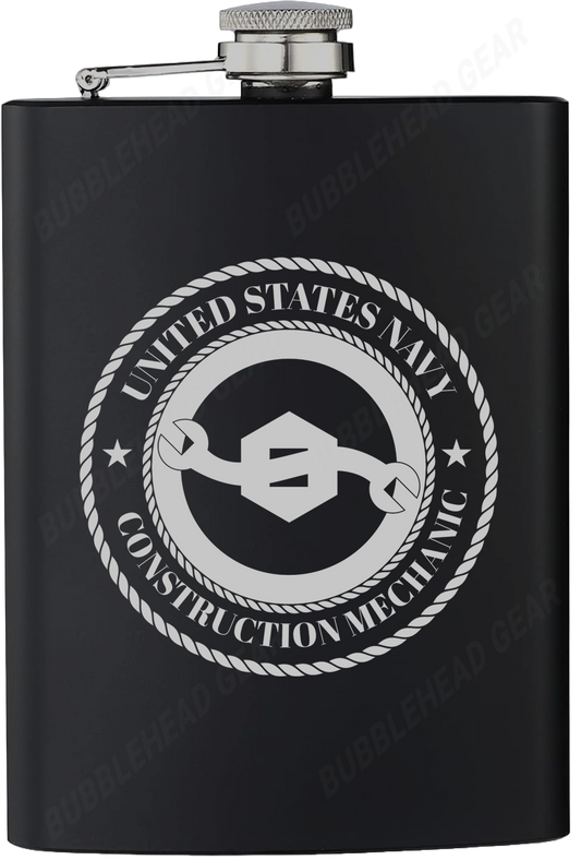 8 oz. Black Hip Flask with Construction Mechanic (CM) Rating