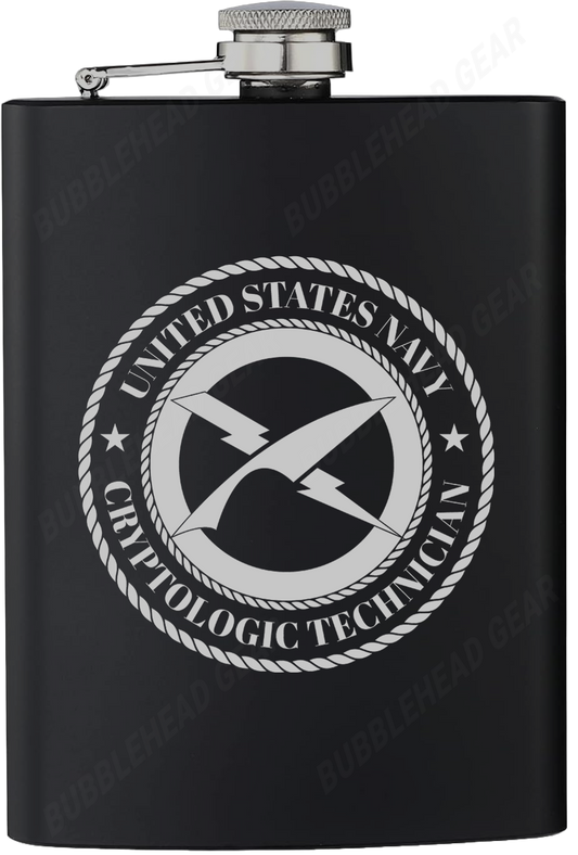 8 oz. Black Hip Flask with Cryptologic Technician (CT) Rating