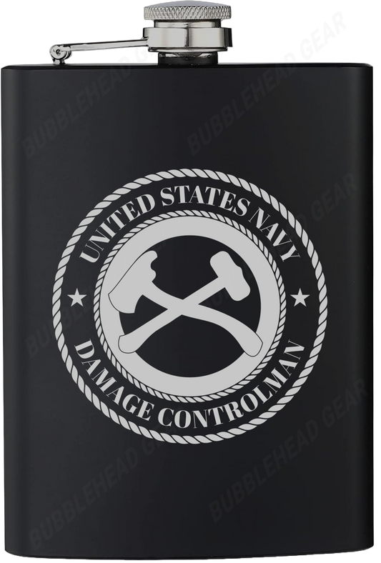 8 oz. Black Hip Flask with Damage Controlman (DC) Rating
