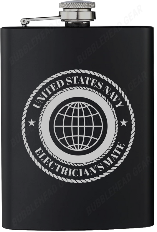 8 oz. Black Hip Flask with Electrician's Mate (EM) Rating