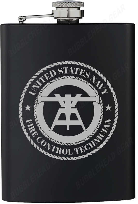 8 oz. Black Hip Flask with Fire Control Technician (FTB) Rating