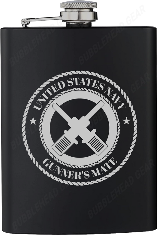 8 oz. Black Hip Flask with Gunner's Mate (GM) Rating