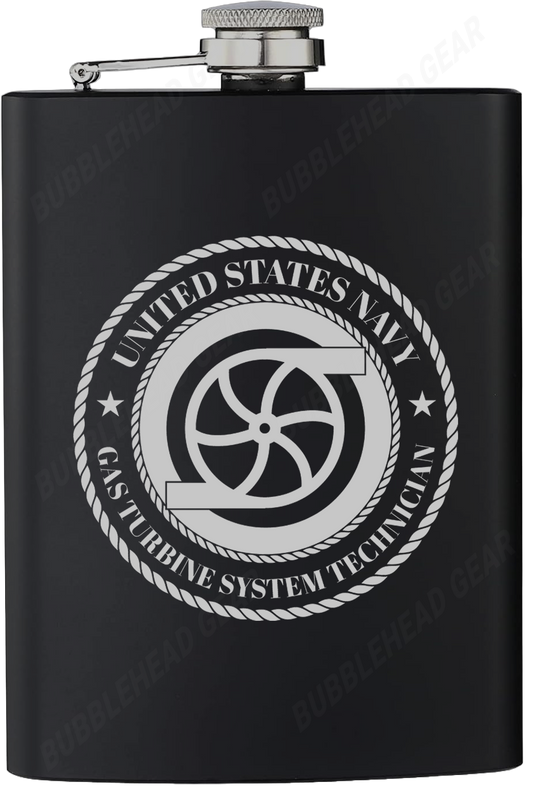 8 oz. Black Hip Flask with Gas Turbine System Technician (GS) Rating