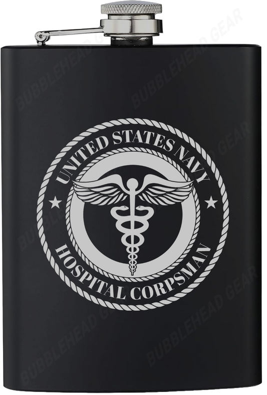 8 oz. Black Hip Flask with Hospital Corpsman (HM) Rating