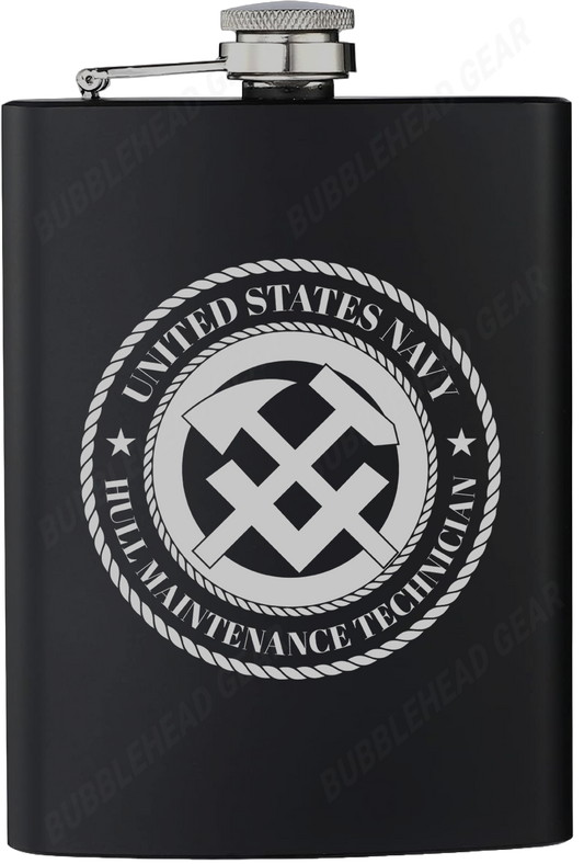 8 oz. Black Hip Flask with Hull Maintenance Technician (HT) Rating