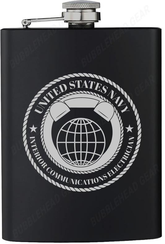 8 oz. Black Hip Flask with Interior Communications Electrician (IC) Rating