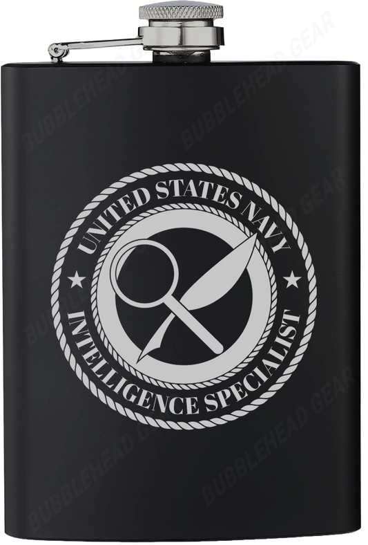 8 oz. Black Hip Flask with Intelligence Specialist (IS) Rating