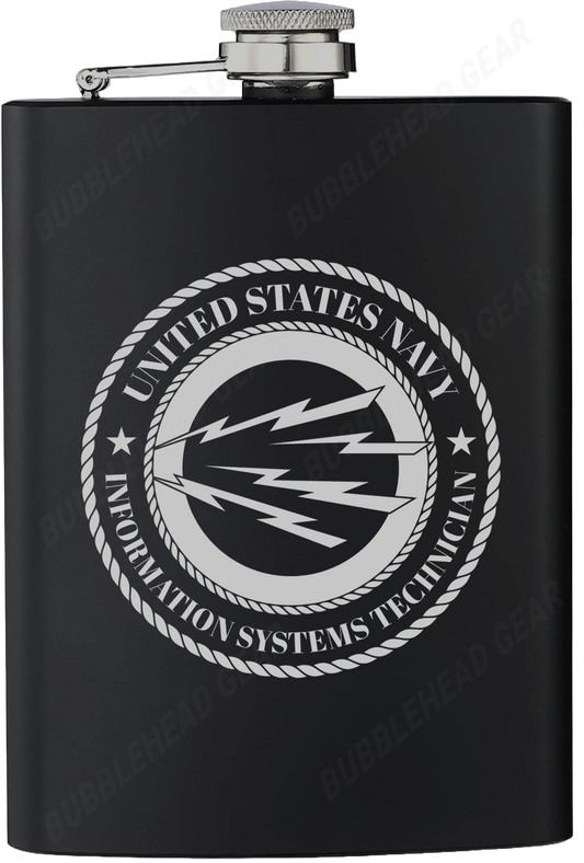 8 oz. Black Hip Flask with Information Systems Technician (IT) Rating