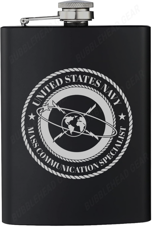 8 oz. Black Hip Flask with Mass Communication Specialist (MC) Rating