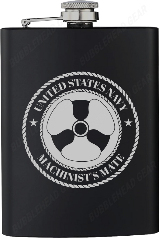 8 oz. Black Hip Flask with Machinist's Mate (MM) Rating