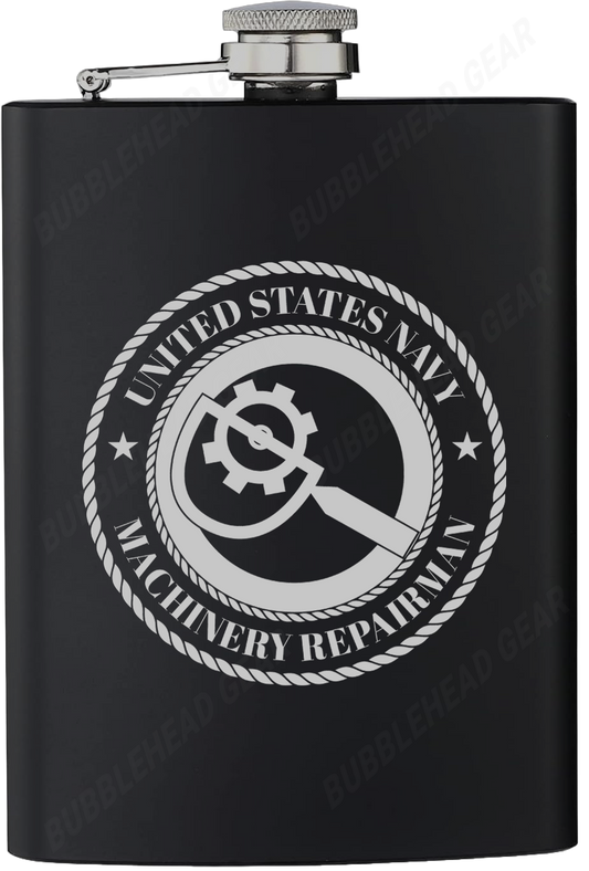 8 oz. Black Hip Flask with Machinery Repairman (MR) Rating