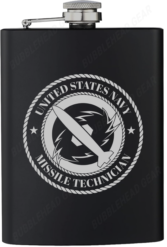 8 oz. Black Hip Flask with Missile Technician (MT) Rating