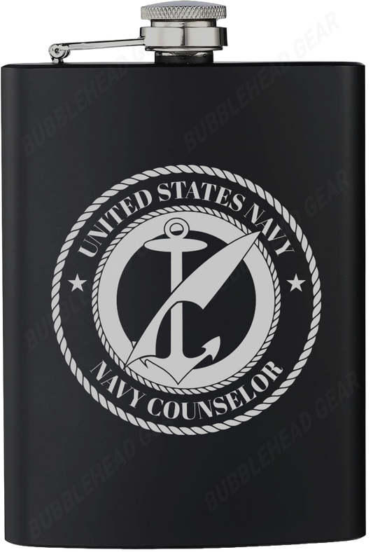 8 oz. Black Hip Flask with Navy Counselor (NC) Rating