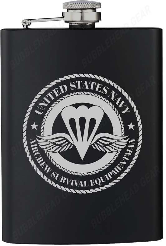8 oz. Black Hip Flask with Aircrew Survival Equipmentman (PR) Rating