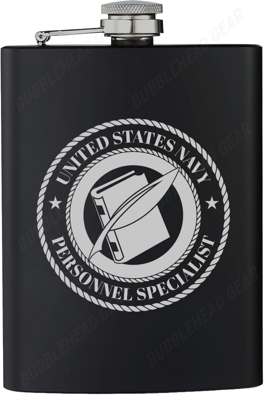 8 oz. Black Hip Flask with Personnel Specialist (PS) Rating